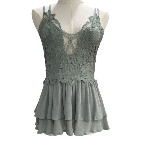Entro Sage Green Lace Peplum Tank Top Medium Fairycore Cottagecore Romantic NWT - Picture 6 of 9